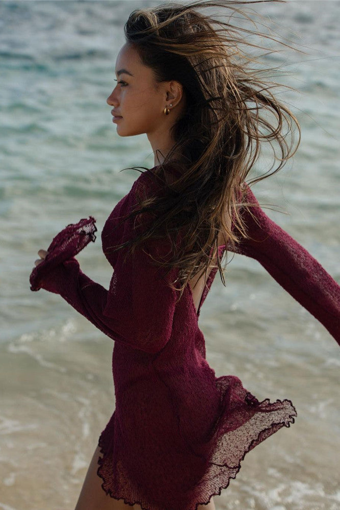 Tropical Air Burgundy Open Back Beach Mini Dress