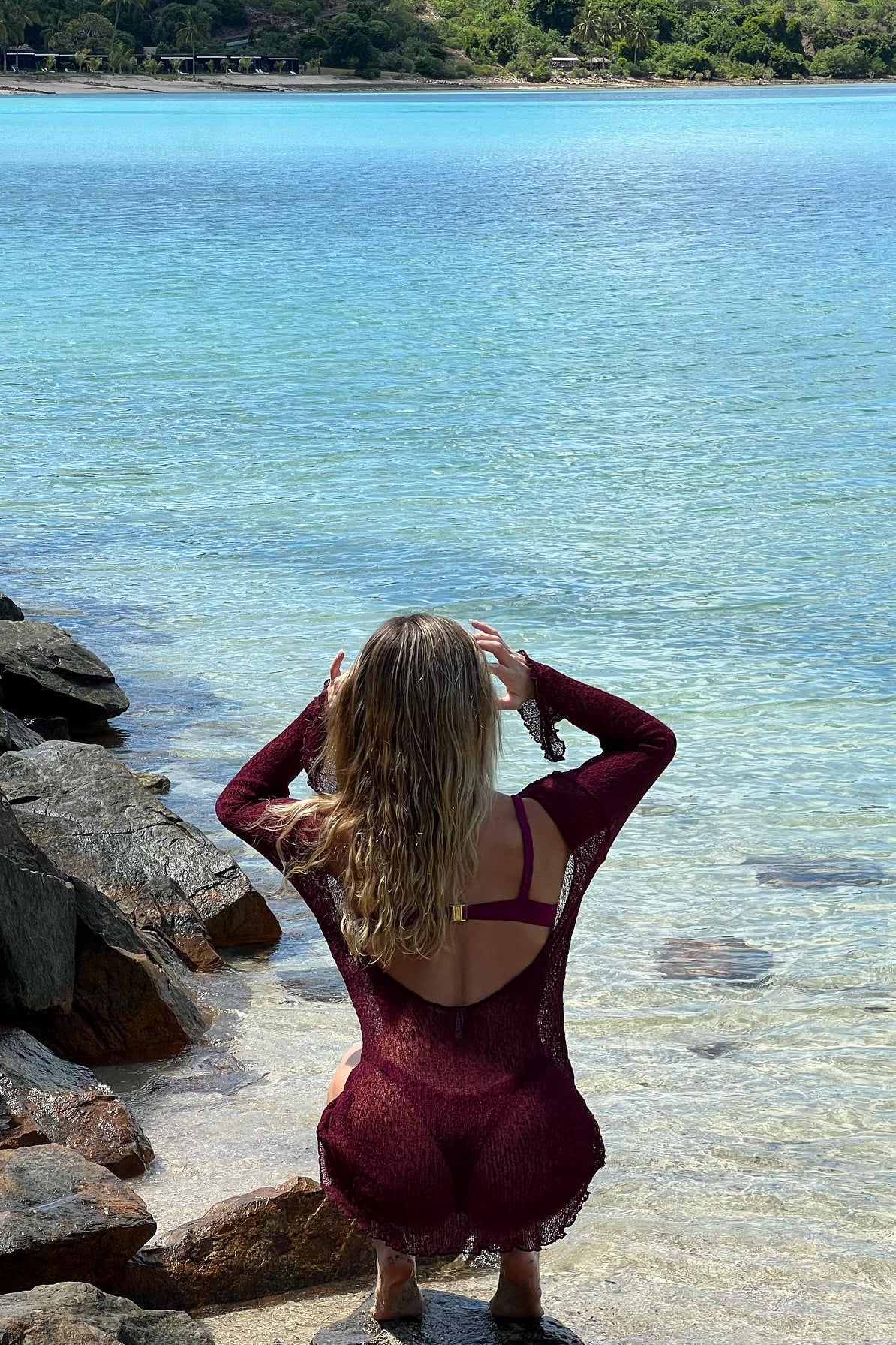 Burgundy open-knit mini beach dress, open back