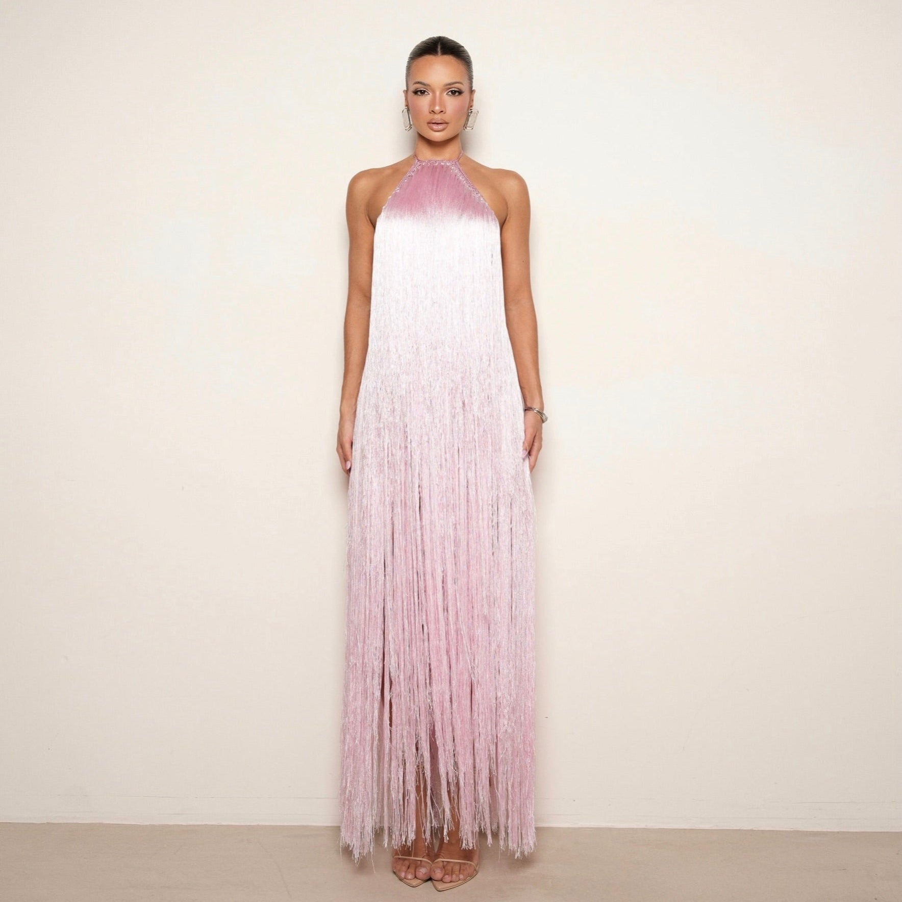 Veiled In Love Pink Fringe Halter Maxi Dress
