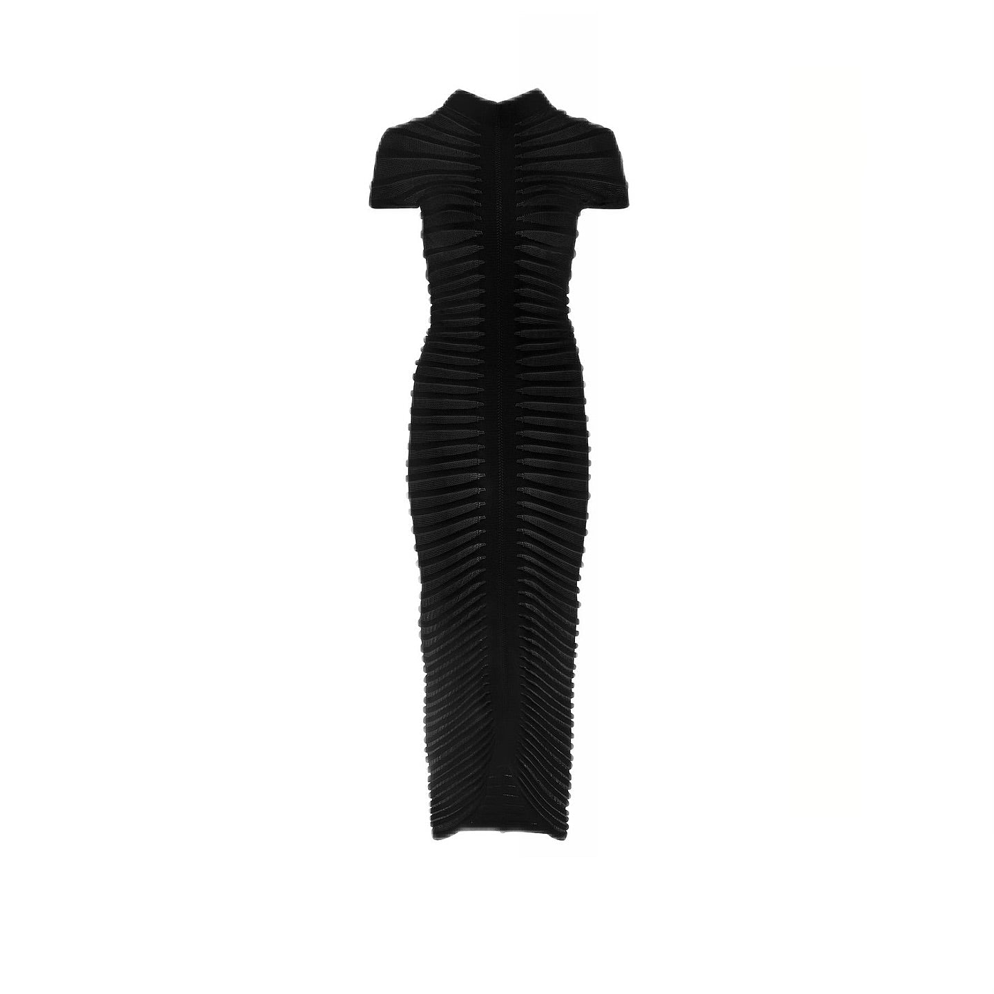 Black dress with pleated design on a white background