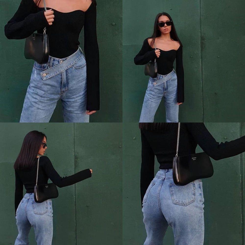 Paparazzi High Waisted Cross-Belt Design Jeans - Pants - Mermaid Way