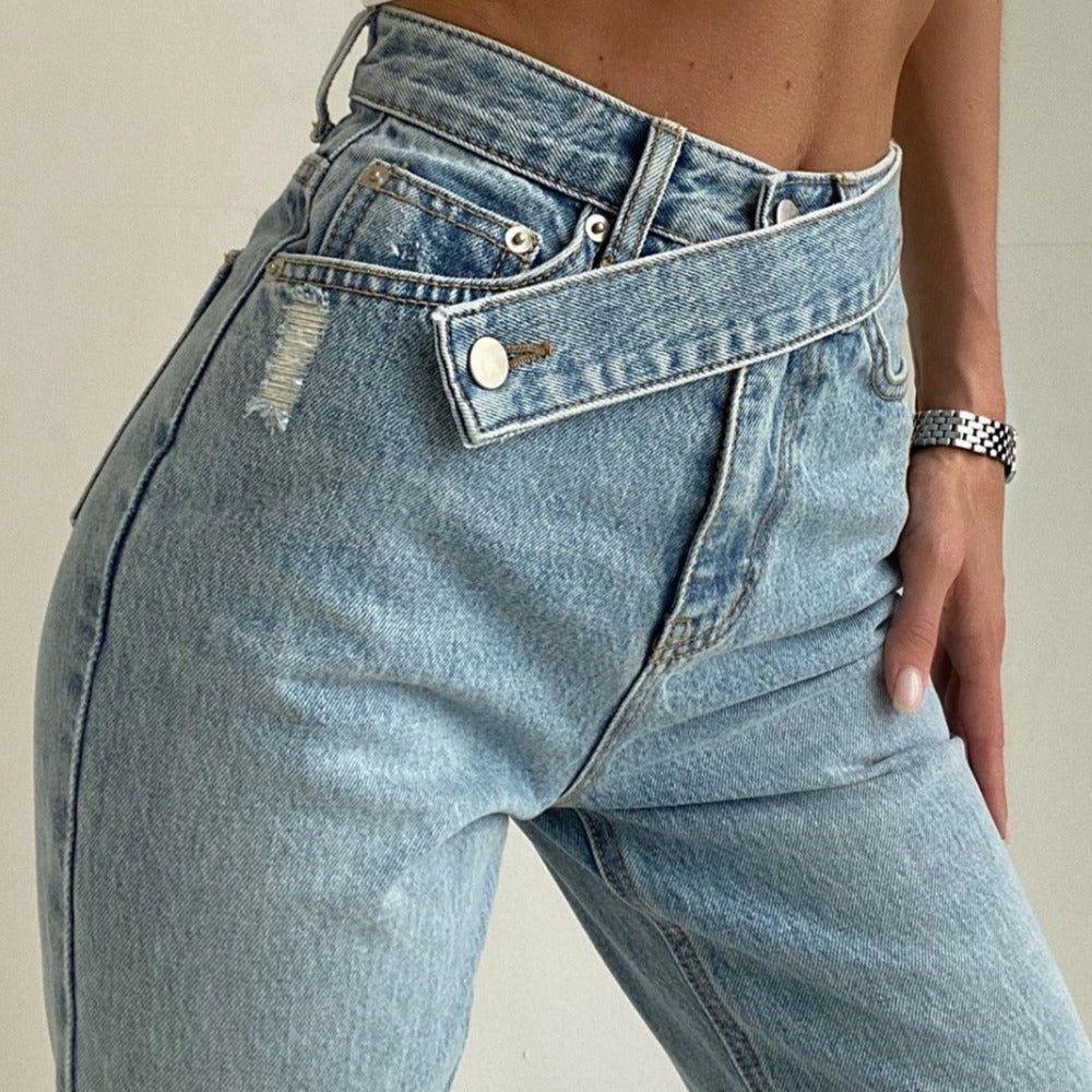 Paparazzi High Waisted Cross-Belt Design Jeans - Pants - Mermaid Way