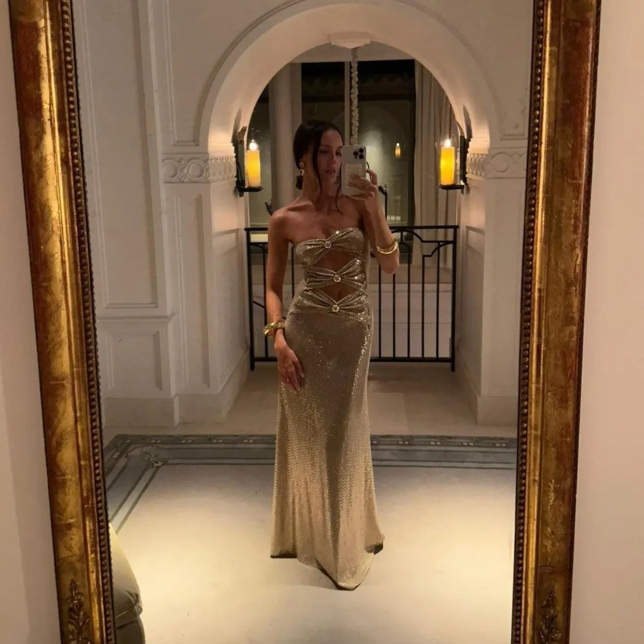 Gold Cutout Off-Shoulder Maxi Dress by Mermaid Way Gold Cutout Off-Shoulder Maxi Dress by Mermaid Way