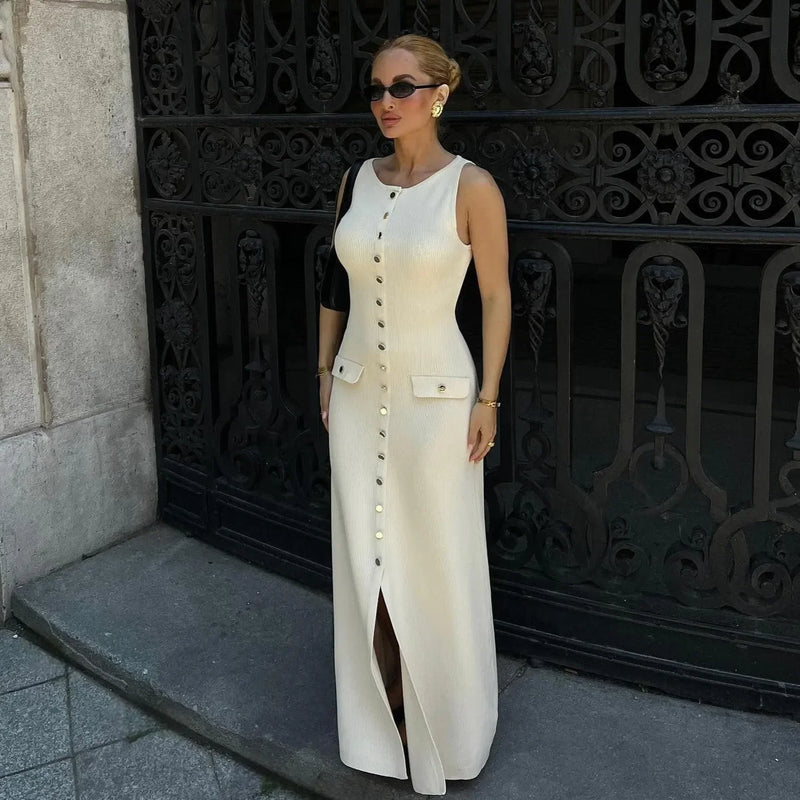 white dress with gold buttons Albion Sleeveless Buttoned Midi ‍ ️Mermaid Way Black / M Style:SP26306 Style No Side Draped Beige Spandex Pull Aside Access