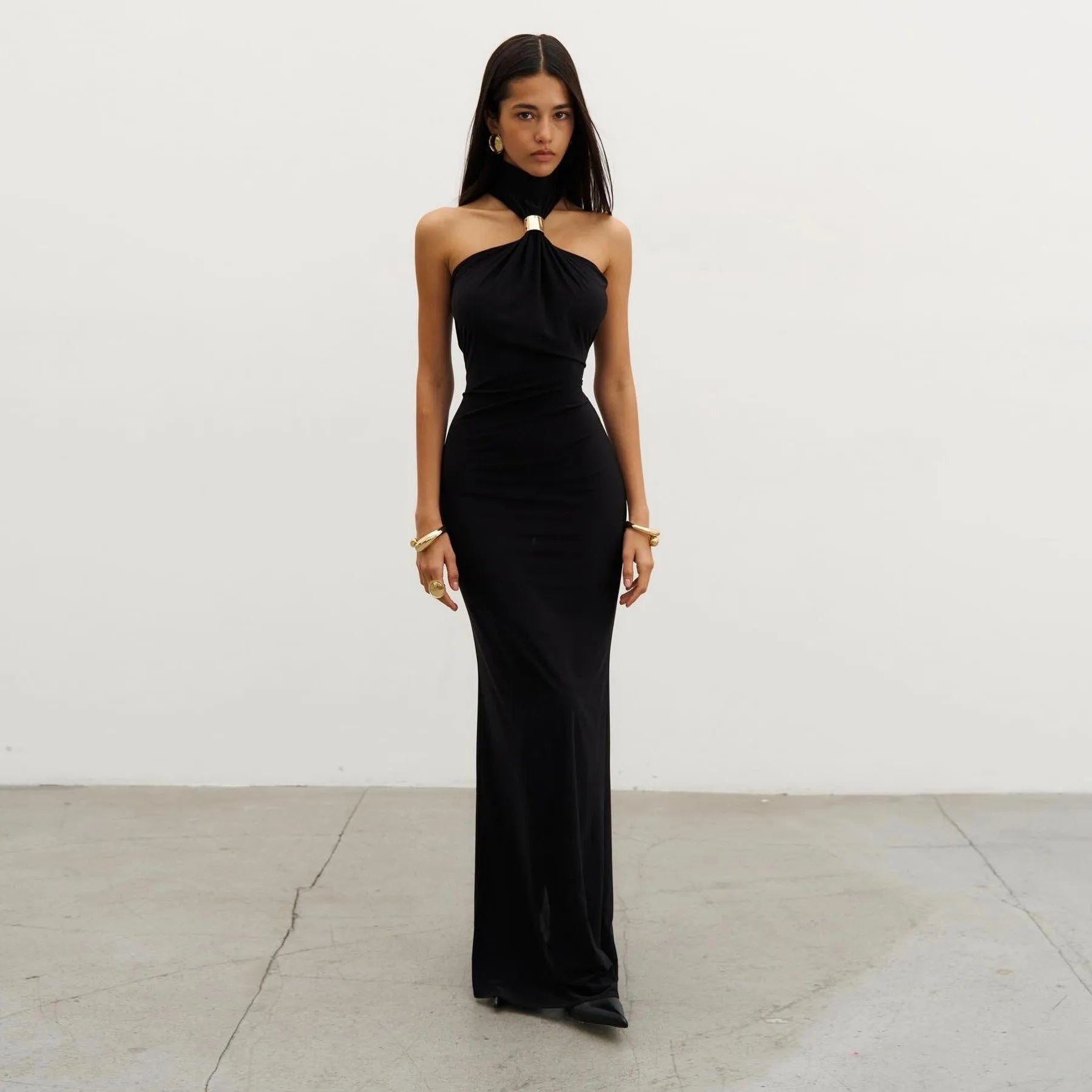 Alessandra Gold Ring Black Maxi Dress for Evenings L Alessandra Gold Ring Black Maxi Dress for Evenings L
