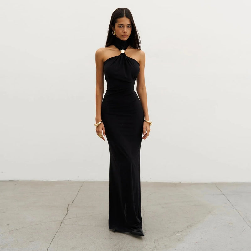 Alessandra Gold Ring Black Maxi Dress for Evenings L