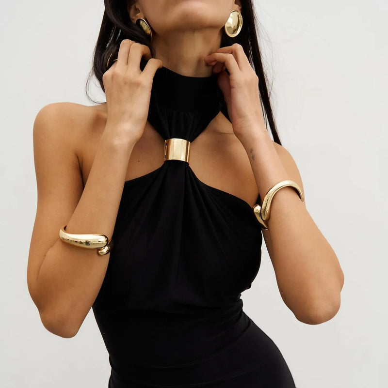 Alessandra Gold Ring Black Maxi Dress for Evenings L Alessandra Gold Ring Black Maxi Dress for Evenings L