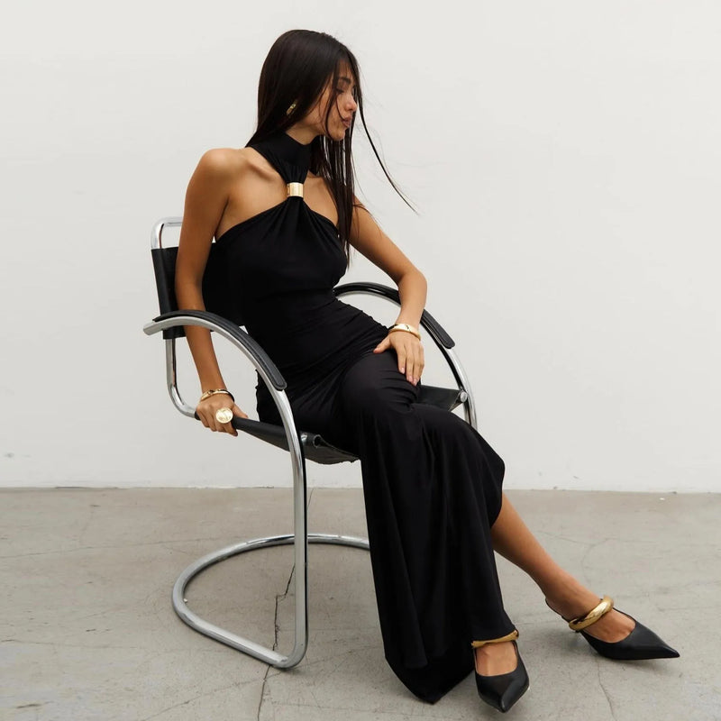 Alessandra Gold Ring Black Maxi Dress for Evenings L