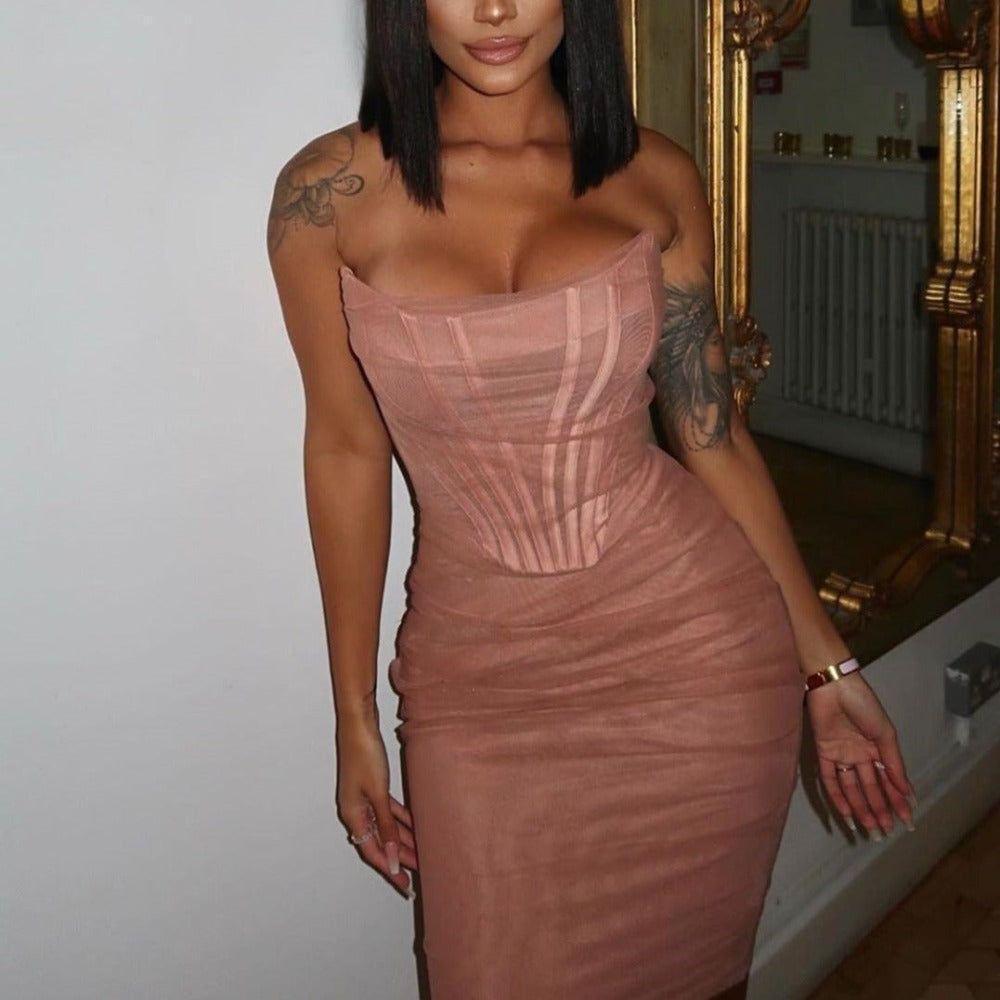 Pink Strapless Corset Midi Dress for Elegant Evenings Pink Strapless Corset Midi Dress for Elegant Evenings