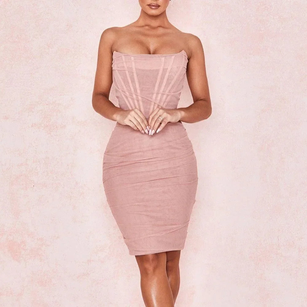 Pink Strapless Corset Midi Dress for Elegant Evenings Pink Strapless Corset Midi Dress for Elegant Evenings