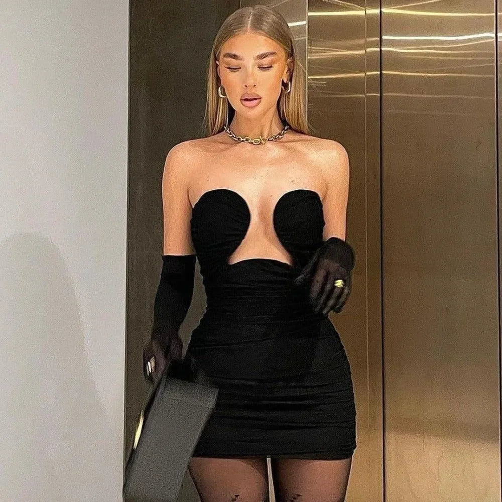 Cut-Out Bustier Draped Mini Dress in Black