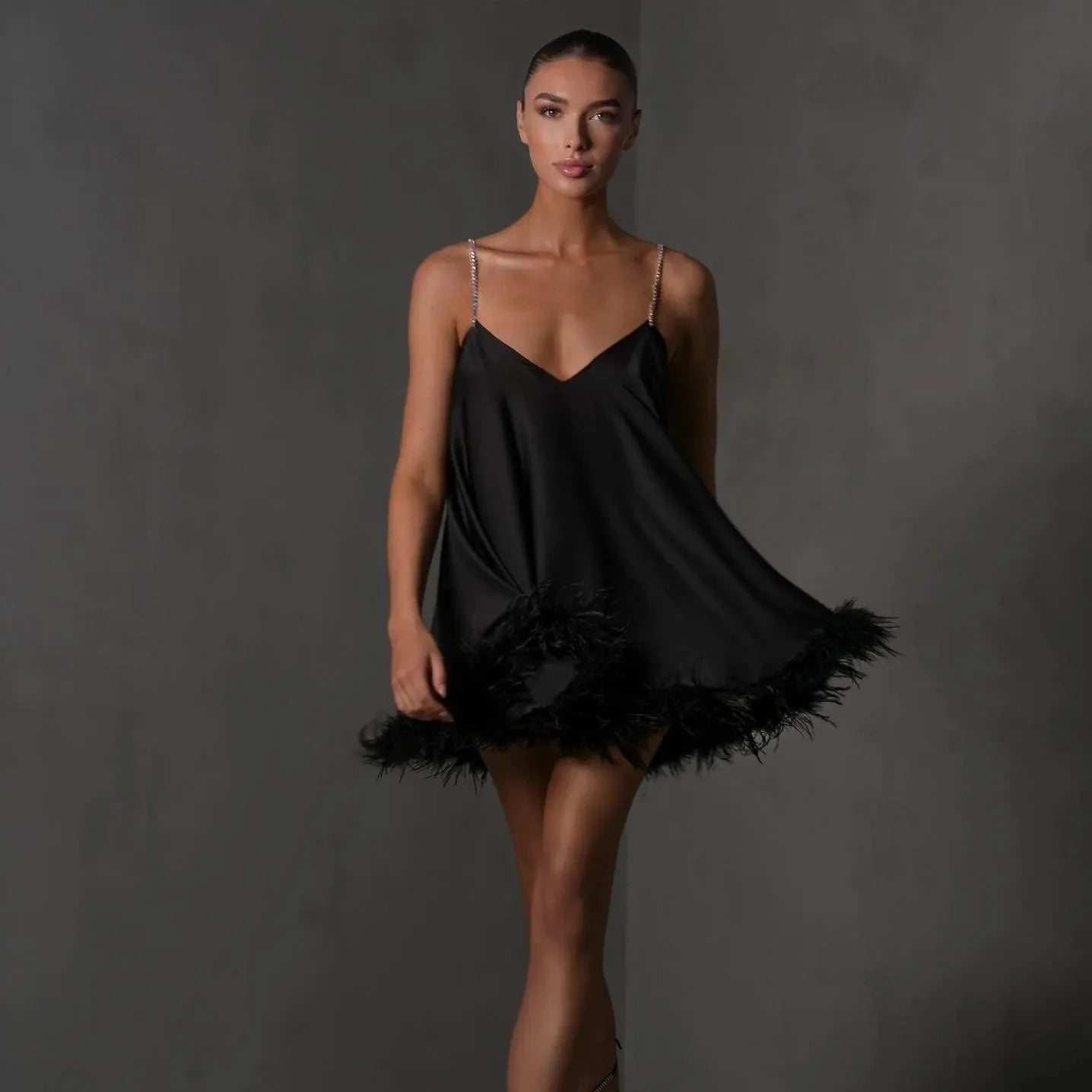 Feather Trim Chain Strap Mini Dress - White or Black Feather Trim Chain Strap Mini Dress - White or Black