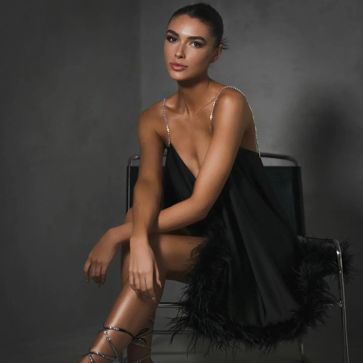 Feather Trim Chain Strap Mini Dress - White or Black Feather Trim Chain Strap Mini Dress - White or Black