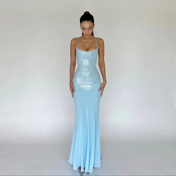 Amaia Sequin Backless Maxi Dress in Light Blue