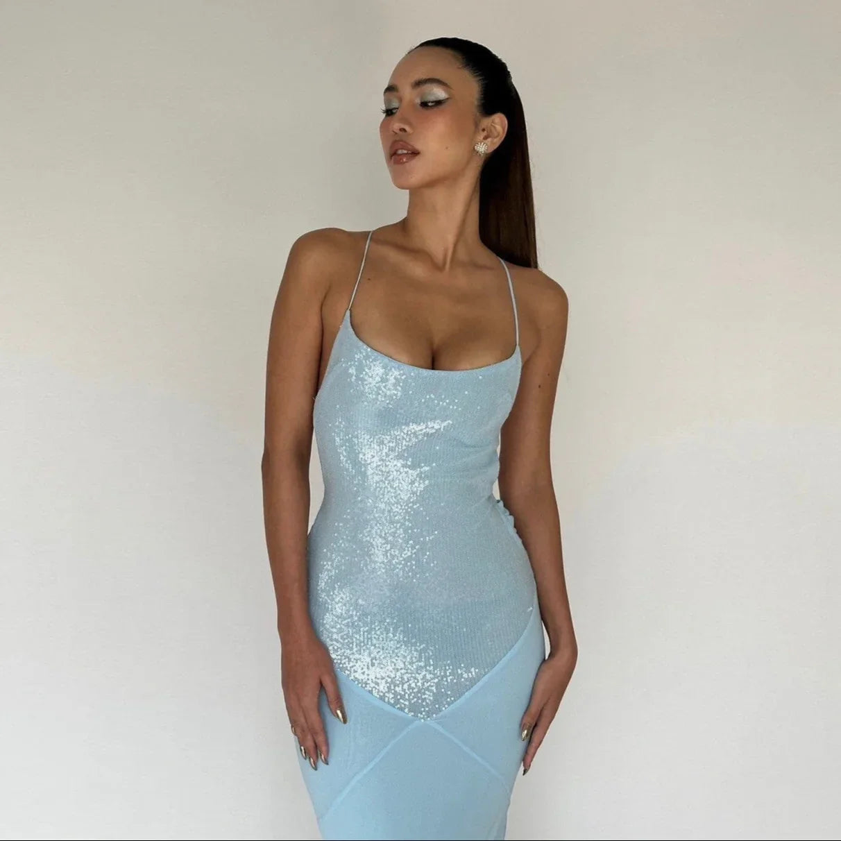 Amaia Sequin Backless Maxi Dress in Light Blue Amaia Sequin Backless Maxi Dress in Light Blue