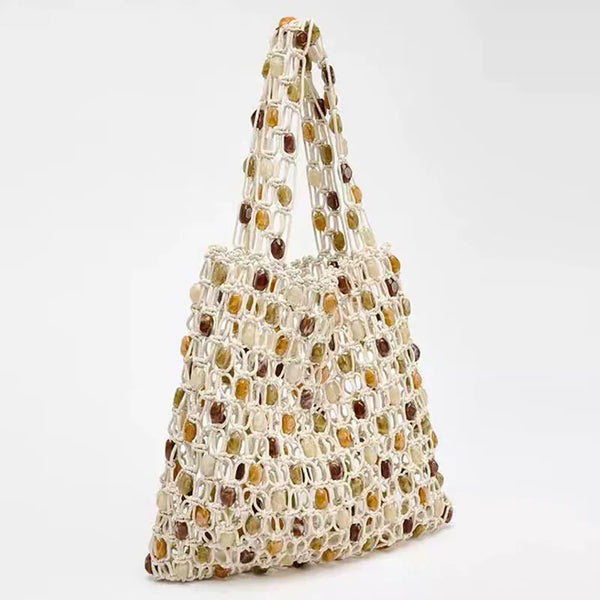 beaded net bag with colorful stones, casual accessory
