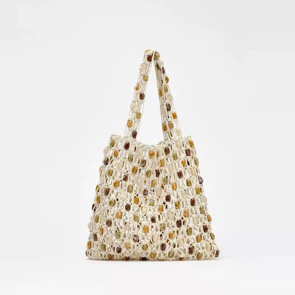 woven beaded tote bag with multicolor accents