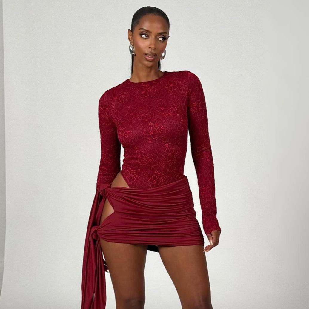 Ardelle Cutout Lace Mini Dress - Burgundy / S - Mermaid Way