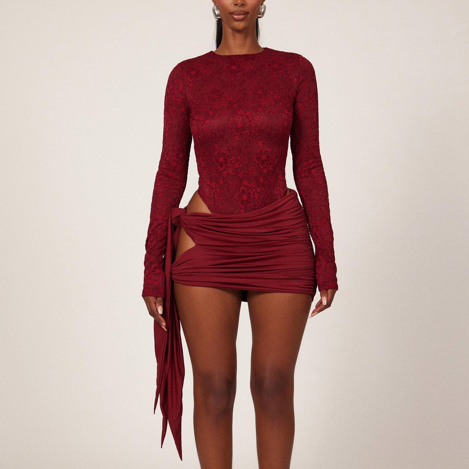 Ardelle Cutout Lace Mini Dress - Burgundy / S - Mermaid Way