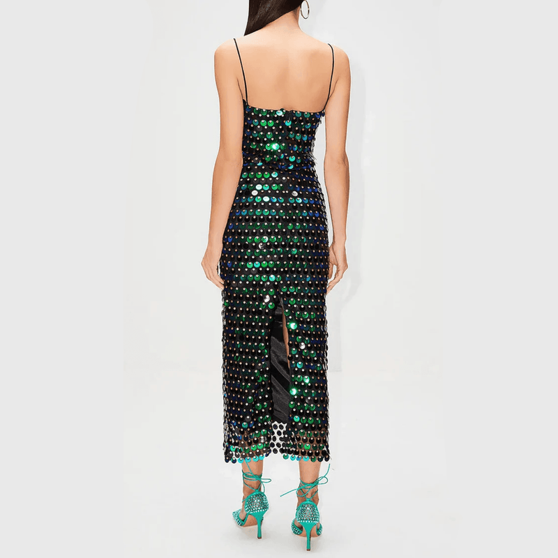 ariel gingham midi dress Ariel's Embrace Green Sequin Midi Dress for Evening Chic