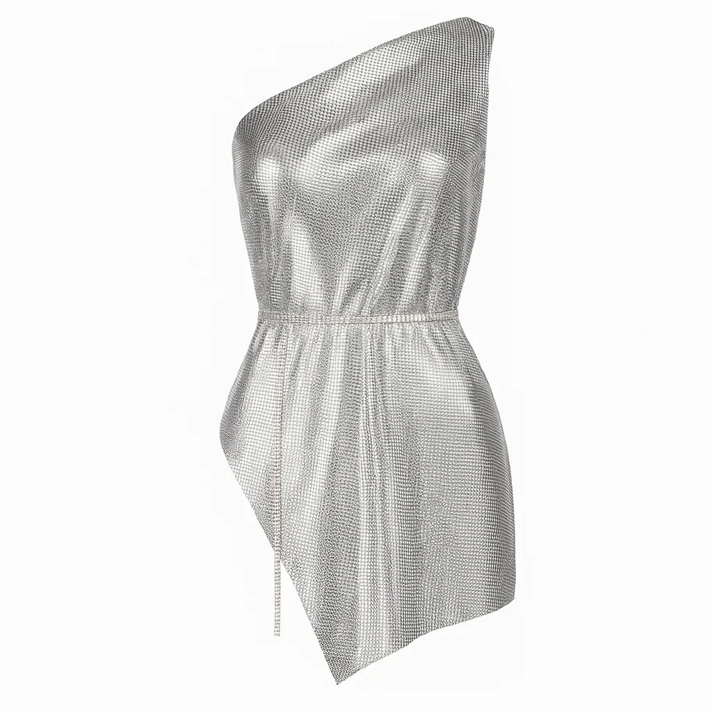 Athena Chainmail One-Shoulder Silver Mini Dress Silver / S Athena Chainmail One-Shoulder Silver Mini Dress Silver / S