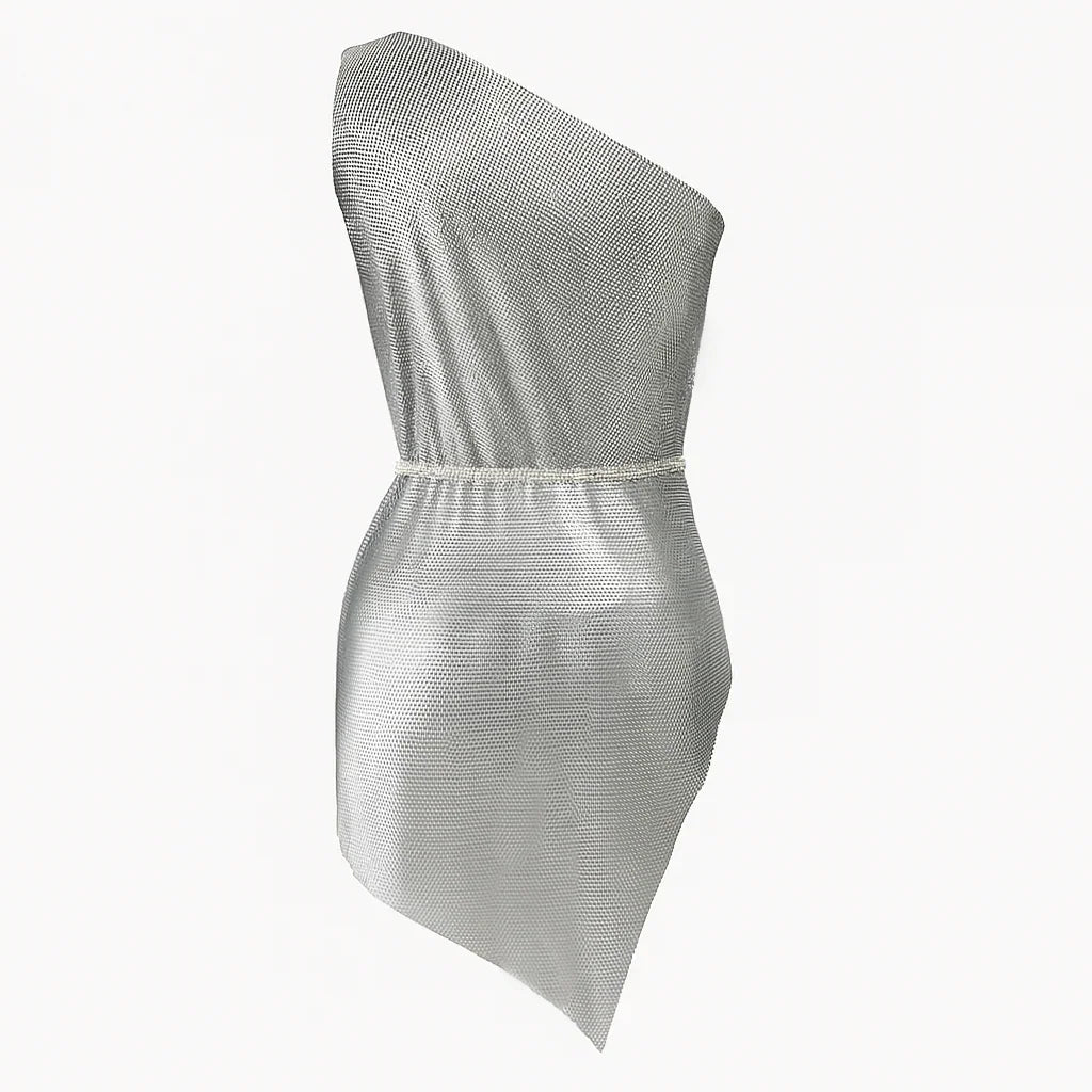 Athena Chainmail One-Shoulder Silver Mini Dress Silver / S Athena Chainmail One-Shoulder Silver Mini Dress Silver / S
