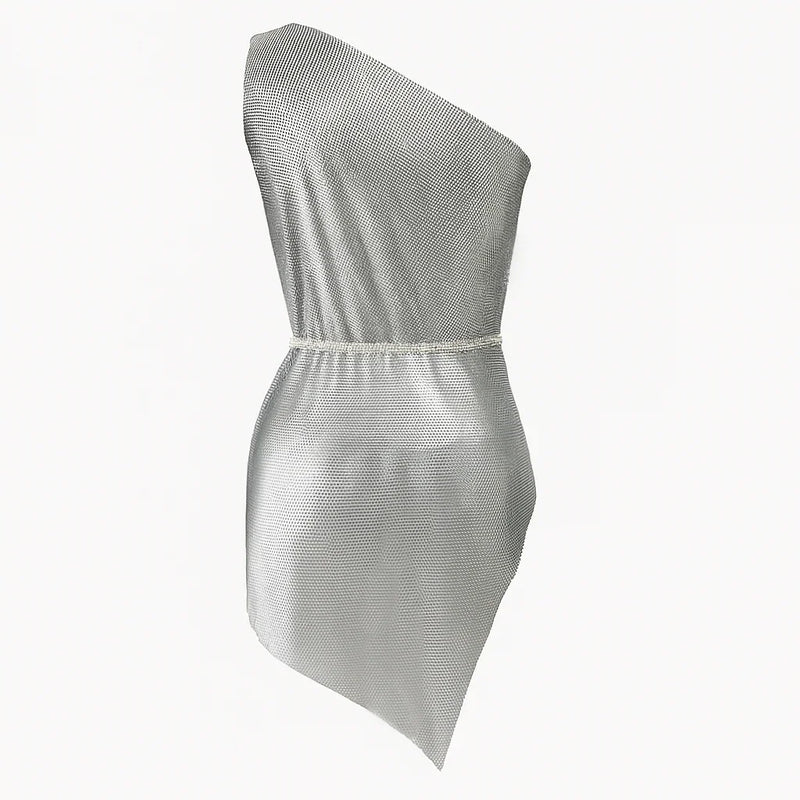 gray one shoulder dress Athena Chainmail One-Shoulder Silver Mini Silver / S Spanx® Lightweight Denim Mini creating a timeless and SCV020291_R Size:XL / XXL