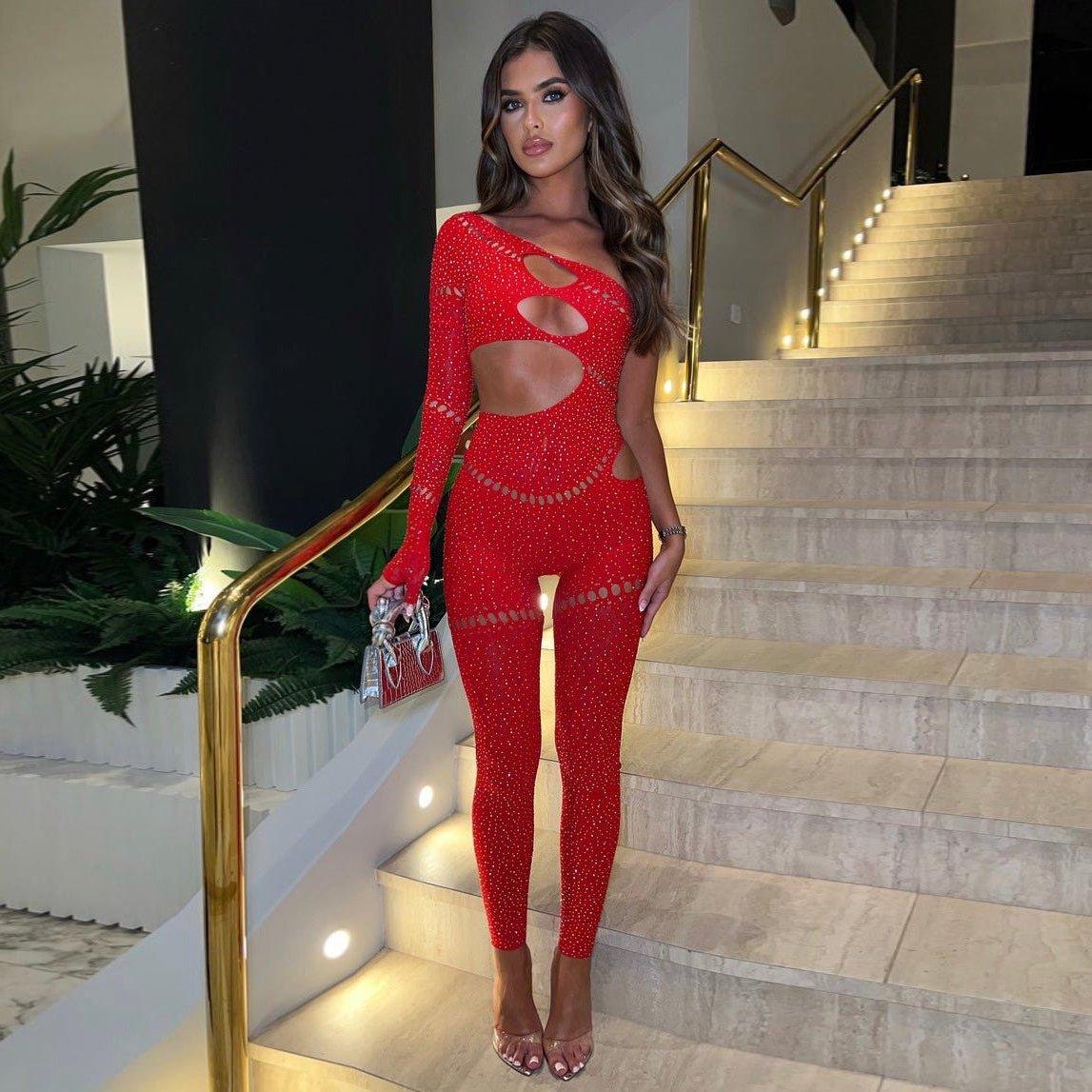 Bad Girl Rhinestone Embellished Jumpsuit - Red / XXS - Mermaid Way