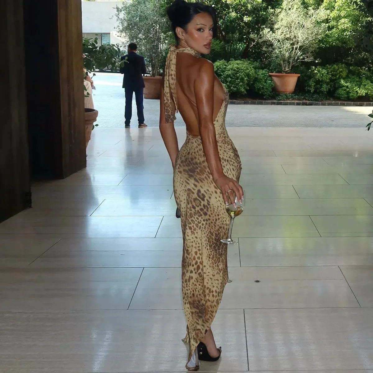 Leopard Print Backless Maxi Dress - Bengal Beauty Leopard Print Backless Maxi Dress - Bengal Beauty