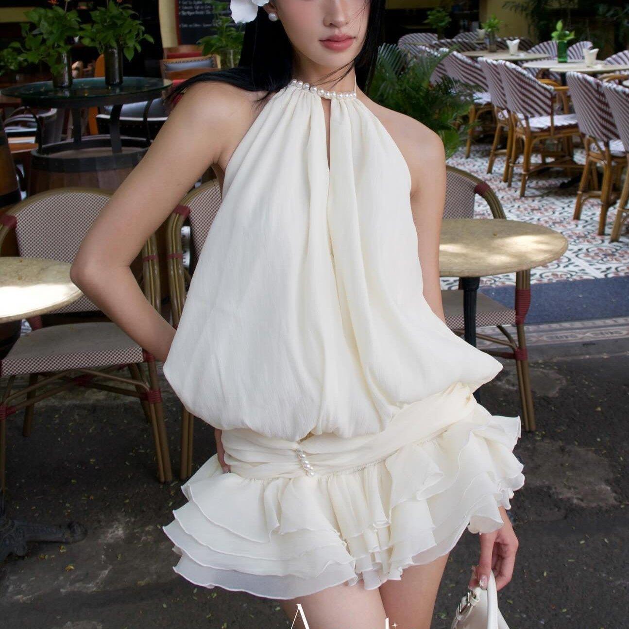 Billini Pearl Embellished Halter Mini Dress - Ivory / S - Mermaid Way