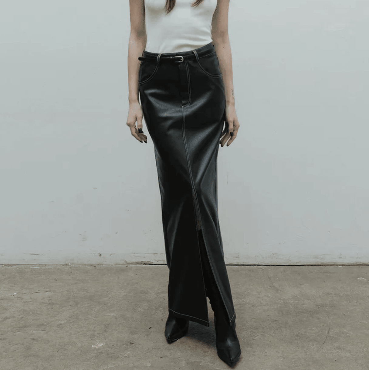 Black Liqueur Faux Leather Slit Maxi Skirt - Black / S - Mermaid Way