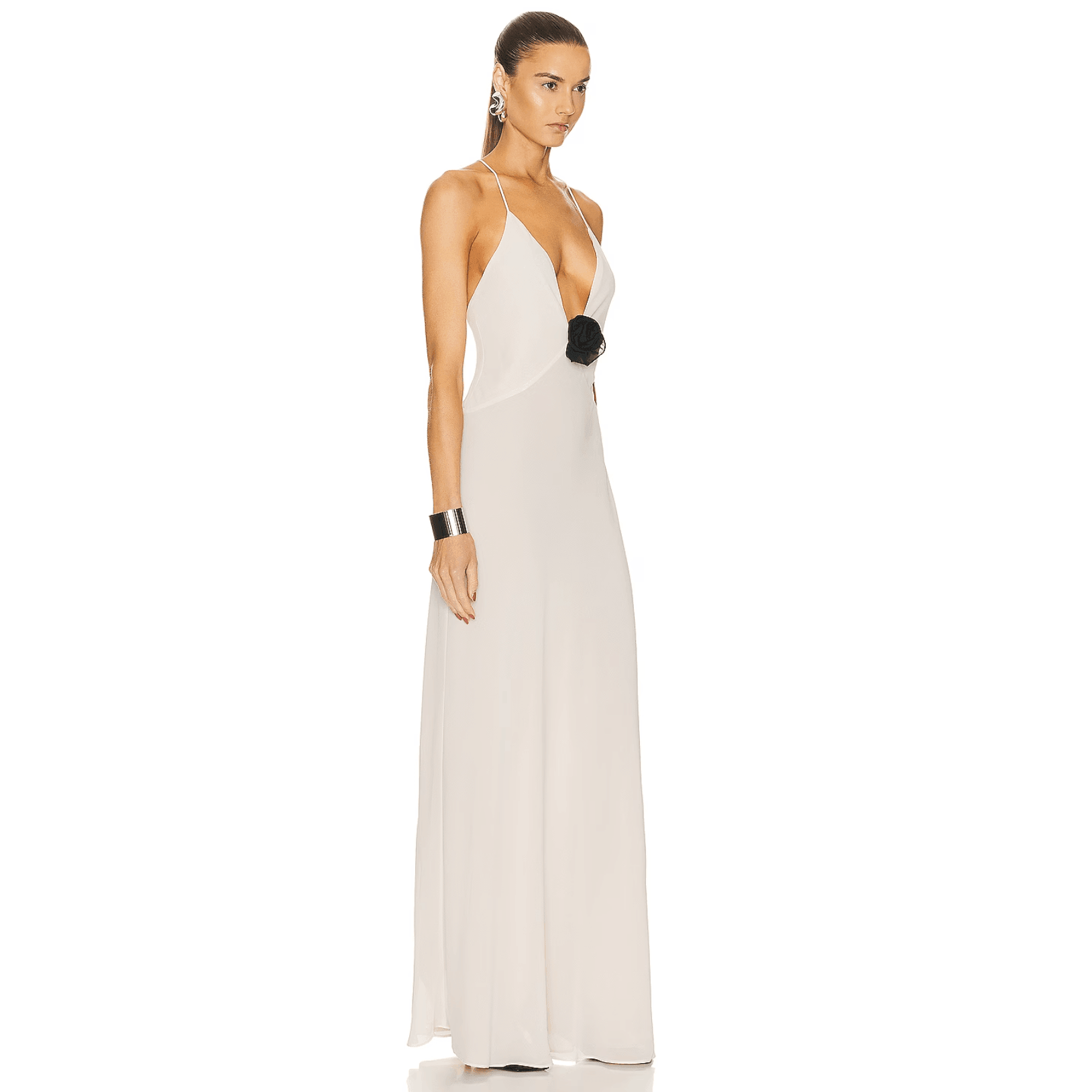 Backless maxi dress with deep V neckline and black floral detail, elegant evening attire