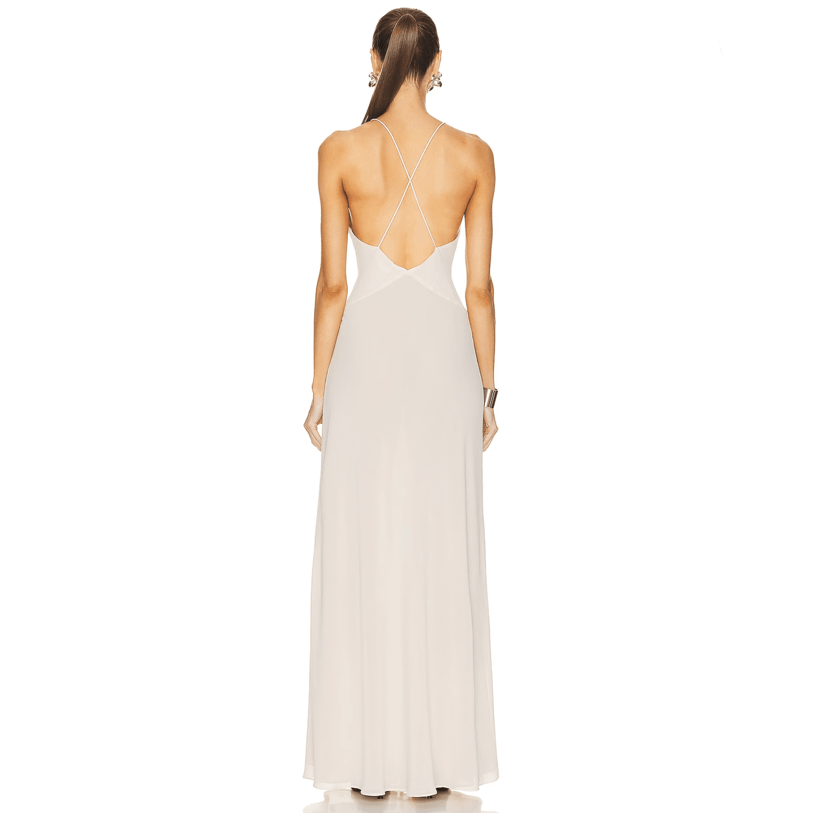 Backless maxi dress with crisscross straps, elegant evening attire.