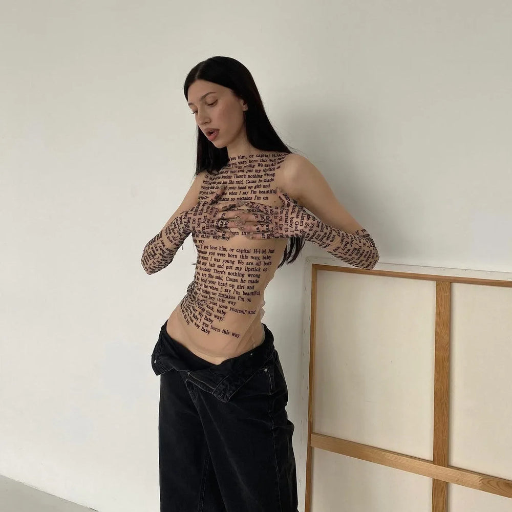 Mesh Tattoo Top with Gloves - Sheer Body Art Style