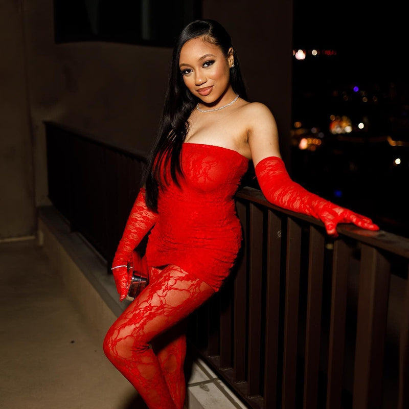 red dress with gloves Long Glitter Strapless Prom The intricate lace gloves included with the dress complete the look Breaking the Rules Red Lace