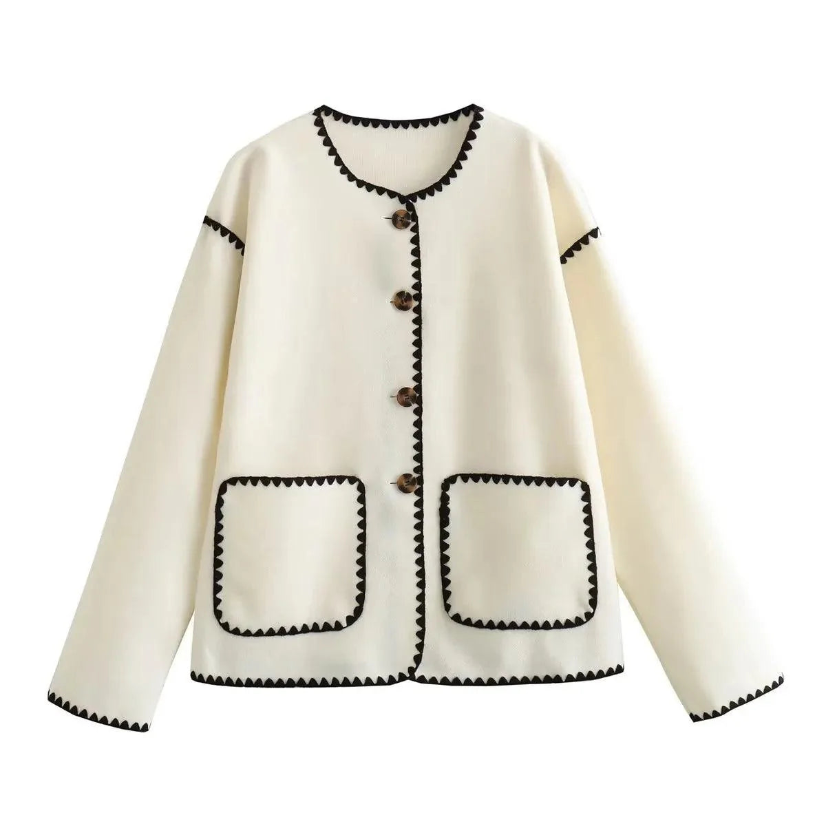 Ivory button-up jacket with scalloped trim and two front pockets, perfect for layering in casual chic outfits.