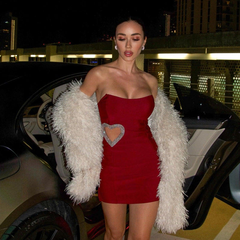 knee length dresses for ladies Red Strapless Mini Dress With 3D Rose Detail