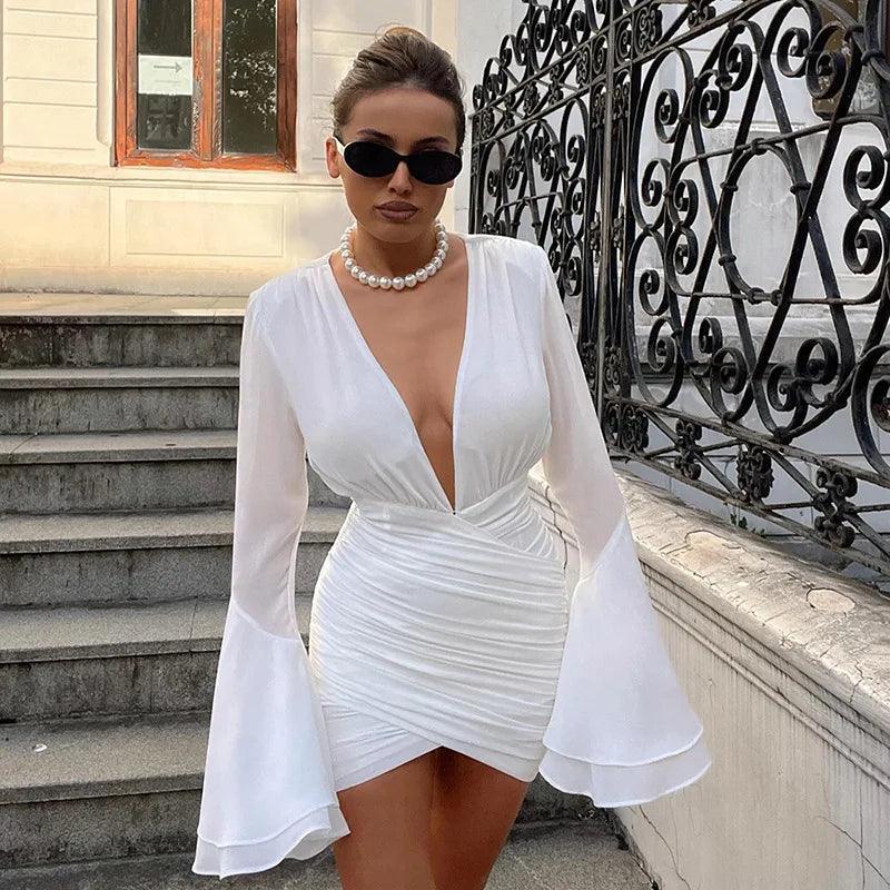 Chickadee Bell Sleeves Ruched Mini Dress Mermaid Way, White / L Chickadee Bell Sleeves Ruched Mini Dress Mermaid Way, White / L