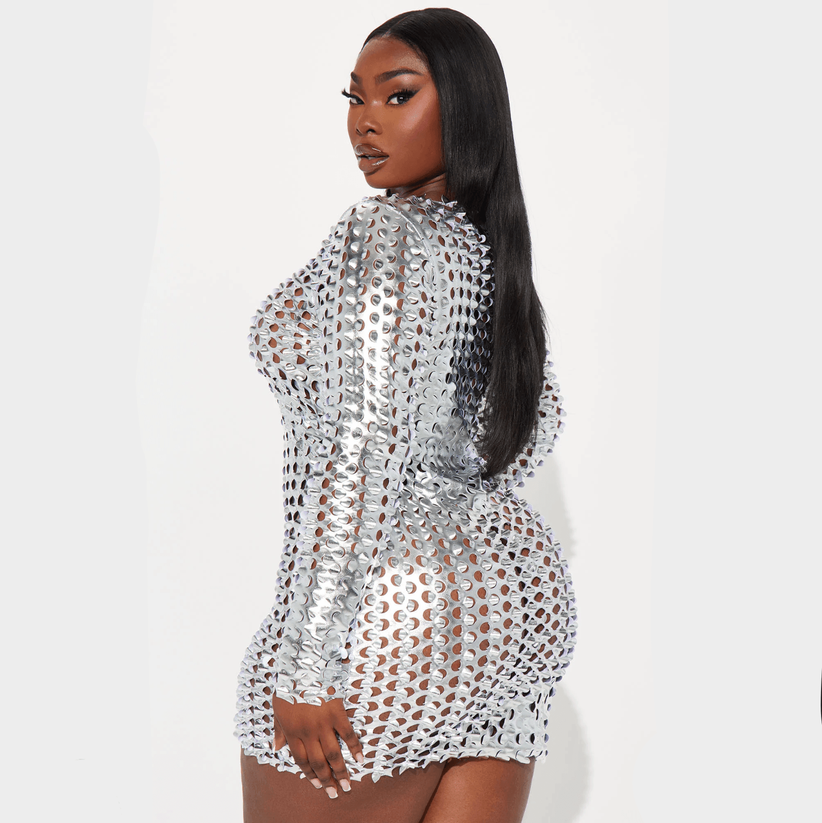 Ocane Vtements-Mercy Long Sleeve Hollow Mini Dress In Silver Small Ocane Vtements-Mercy Long Sleeve Hollow Mini Dress In Silver Small