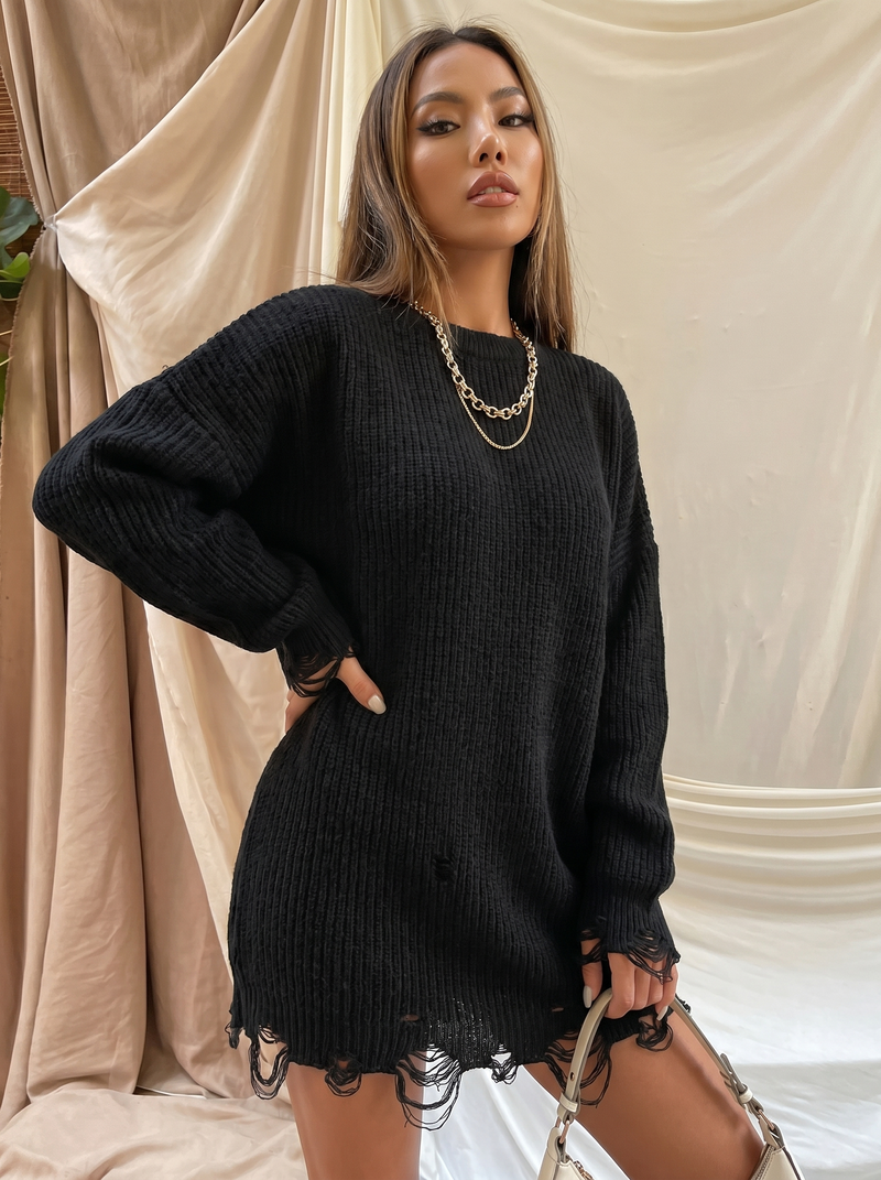 black loose sweater dress Cover Girl with Broken Hem Mustard Shirt Dress Full Stylish and chic fashion Length:REG cf-size-XS/S