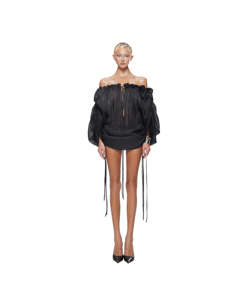 Darcy Black Mini Dress with Ruffled Neckline & Balloon Sleeves