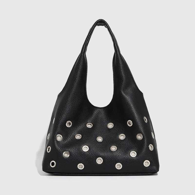 Dark Orbit Leather Rivet Shoulder Bag - Edgy Black Handbag
