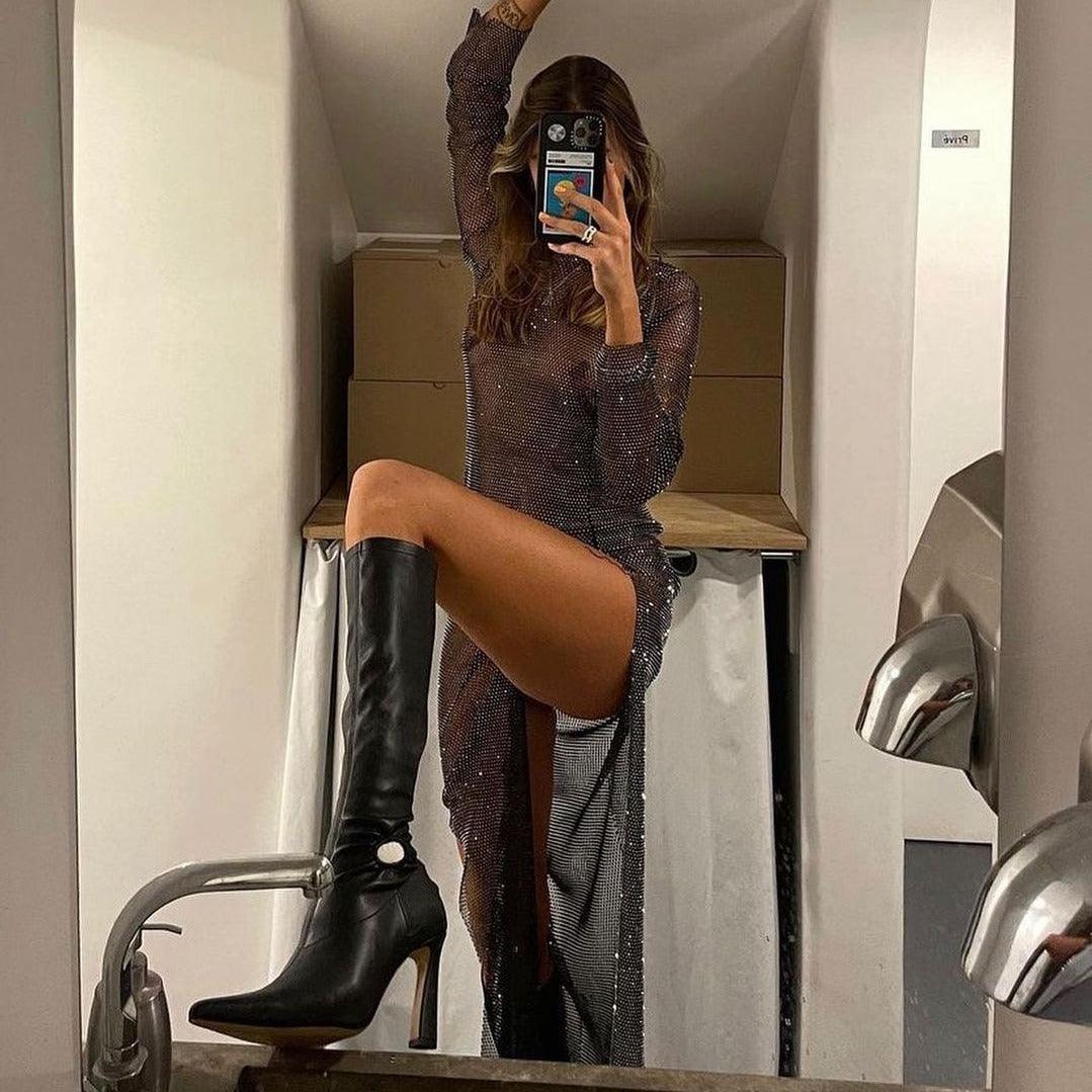 Diamond Dusk Rhinestone Maxi Dress - Beige / XS - Mermaid Way