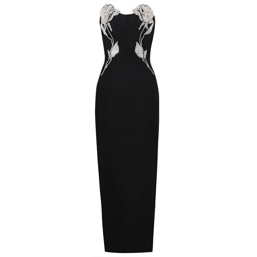 Crystal Rose Embroidered Maxi Dress - Elegant Evening Style Black / M Crystal Rose Embroidered Maxi Dress - Elegant Evening Style Black / M