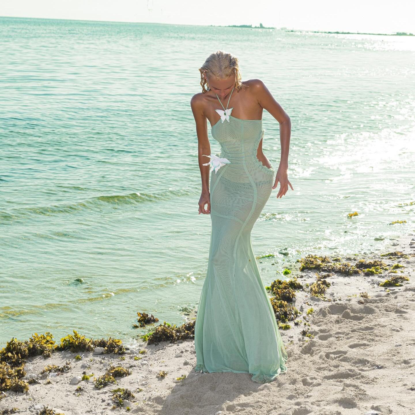 Butterfly Halter Light Green Maxi Dress - Mermaid Way M Butterfly Halter Light Green Maxi Dress - Mermaid Way M