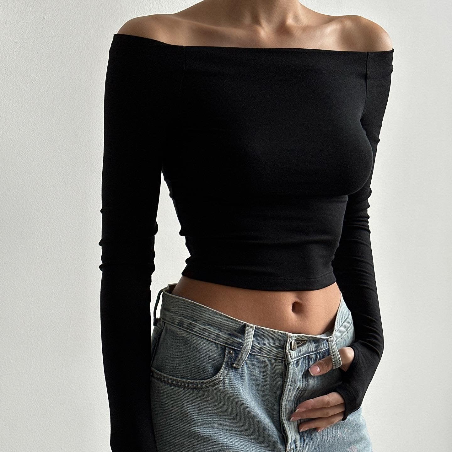 Done For Me Long Sleeve Slash Neck Top - Black / S - Mermaid Way