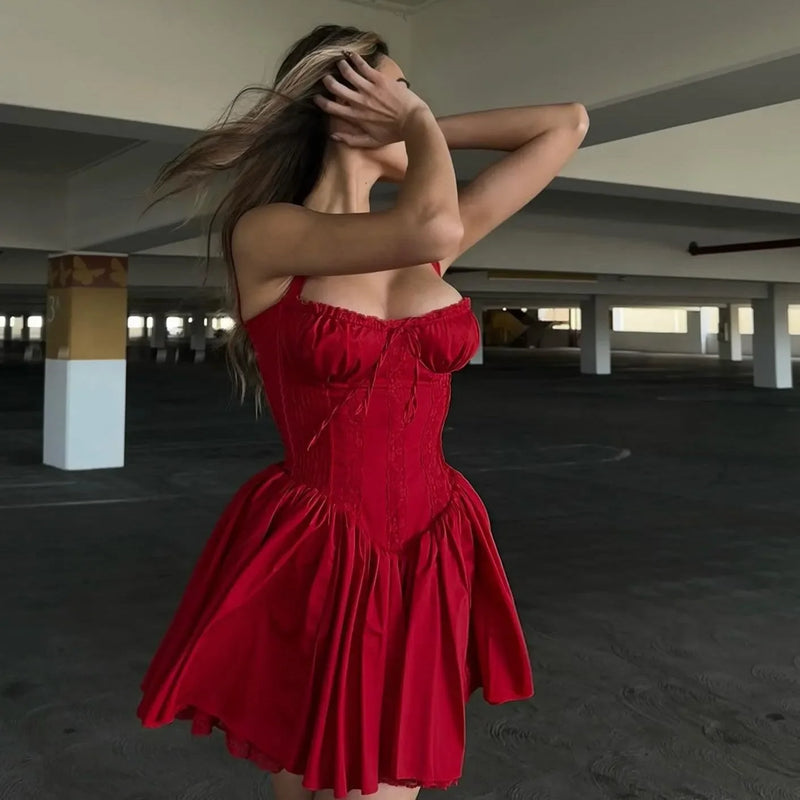 Dream Girl Red Corset Mini Dress with Lace Details L