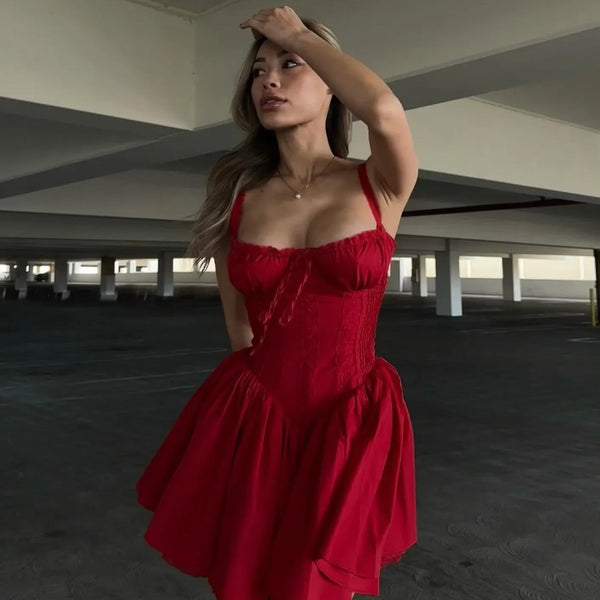 Dream Girl Red Corset Mini Dress with Lace Details L