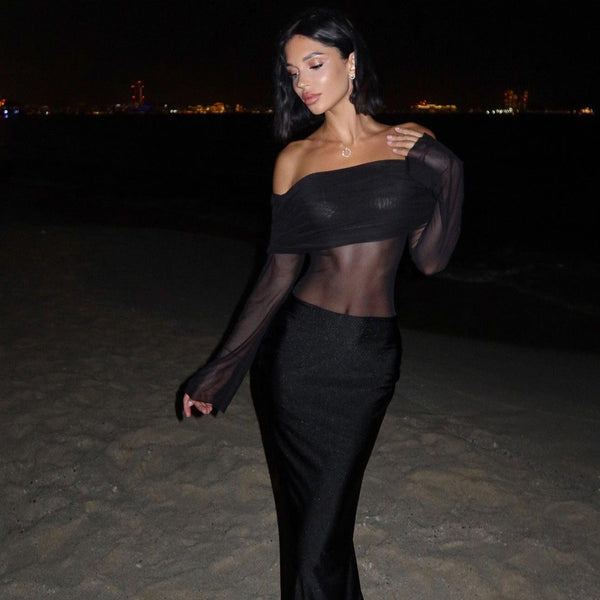 Elise Mesh Off Shoulder Maxi Dress in Black