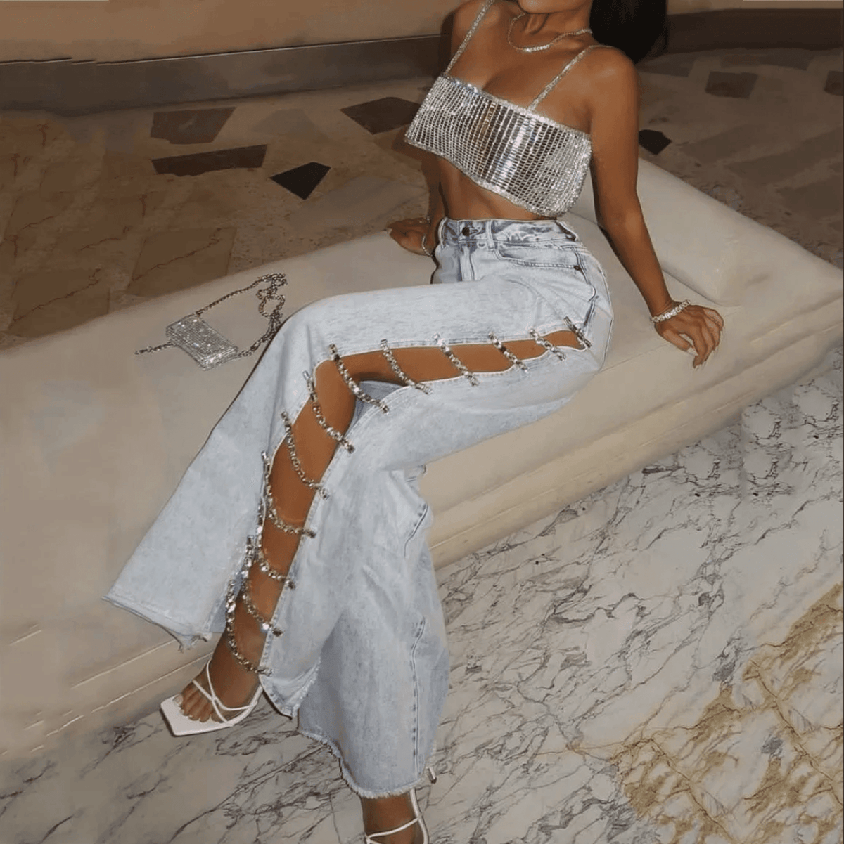 Euphoria Relaxed Diamond Embellished Jeans - Denim Glam